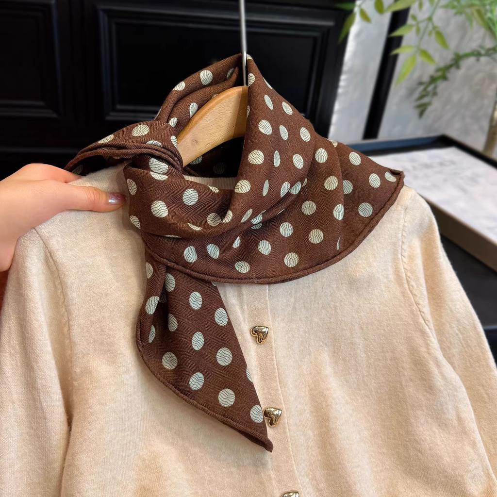 New French Brown Polka Dot Versatile Silk Wool Square Scarf Ladies 1116 Warm Neck Protection Silk Hair Scarf Shawl