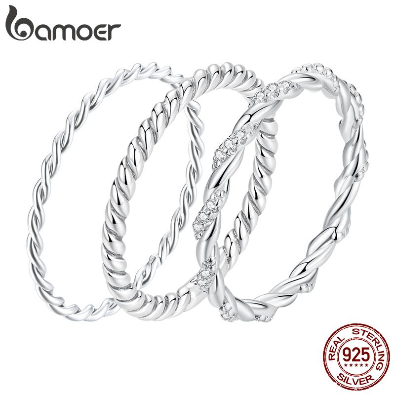 BAMOER 925 Silver Braided Texture Twisted Eternity Band Stackable Rings Fine Jewelry