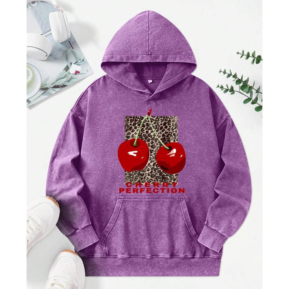 Fashion Leopard And Cherry Perfection Print Women Washed Hoodies Multicolor Hoody Loose Streetwear  Womenwear