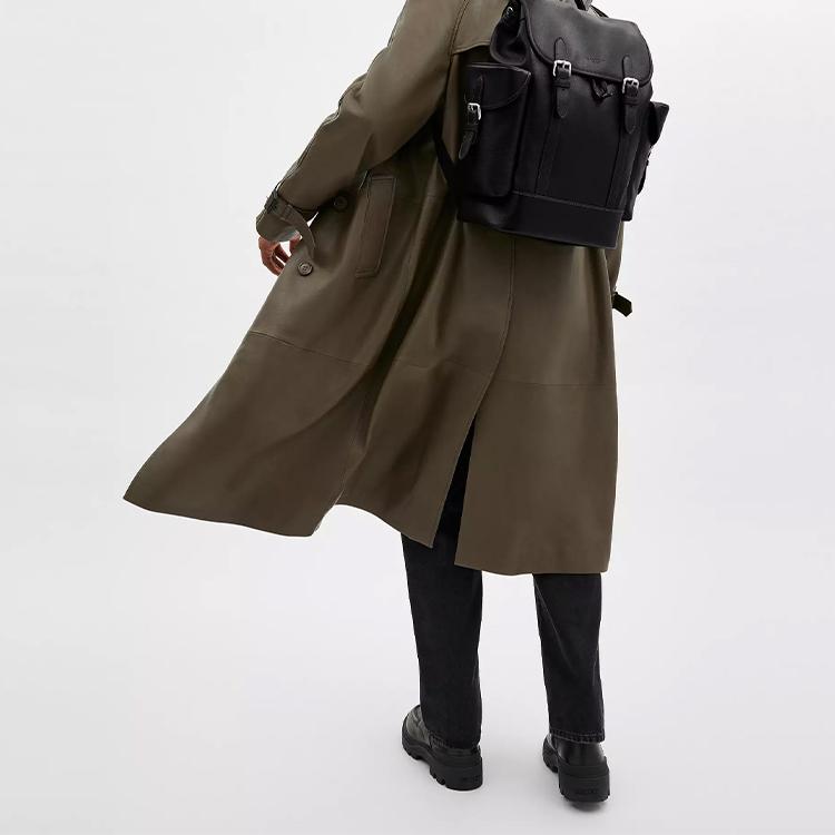 Coach Black Pebbled Leather Large Flap Backpack with Side Pockets for Daily Use