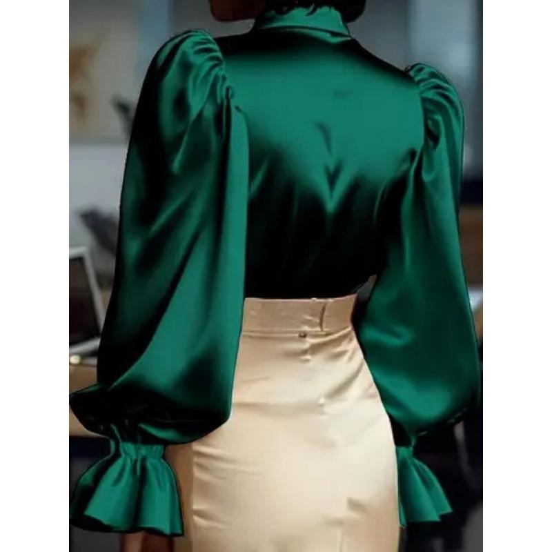 New Elegant Commuter Puff Long Sleeve Lapel Satin Womens Shirt Casual Loose Office Blouse New Lapel Simple Fashion Solid Color Tops