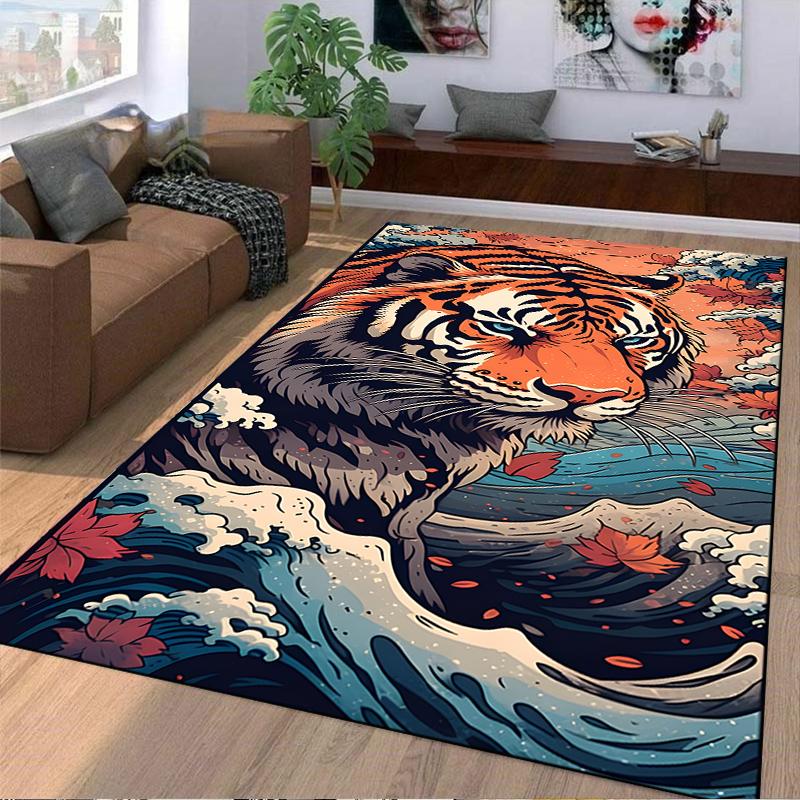 Majestic Tiger Rug in Vibrant Colors Surrounded by Waves Suitable for use as an anti-slip game mat for living room and bedroom sofas