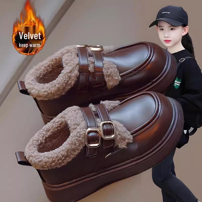 Girls' Cotton Fleece Princess Shoes - 2025 Autumn/Winter British Style, Warm & Thickened Soft Sole Leather Shoes