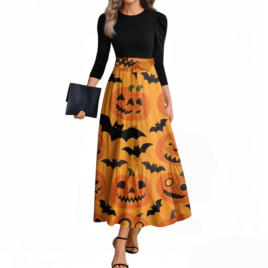Women's Fashion Casual Belted Three-quarter Sleeve Round Neck Halloween Printed Elegant Temperament Dresses