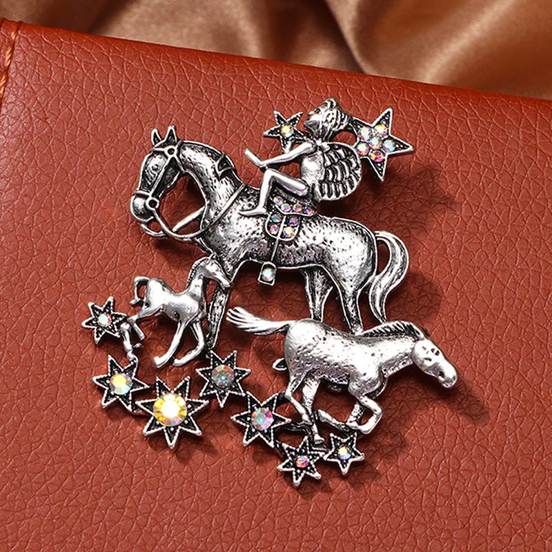 Vintage Angel Ride Horses Brooches For Women Unisex Metal Lucky Year Of The Horse Animal Office Casual Brooch Pins
