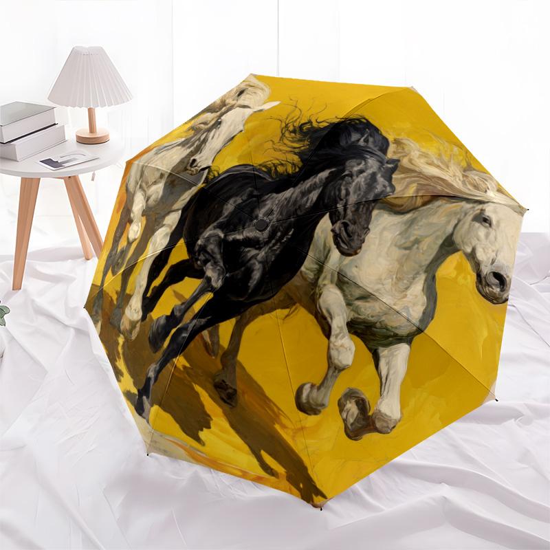 

Three Horses pattern, automatic folding umbrella, portable and foldable design, 8 ribs, a Christmas or birthday gift.