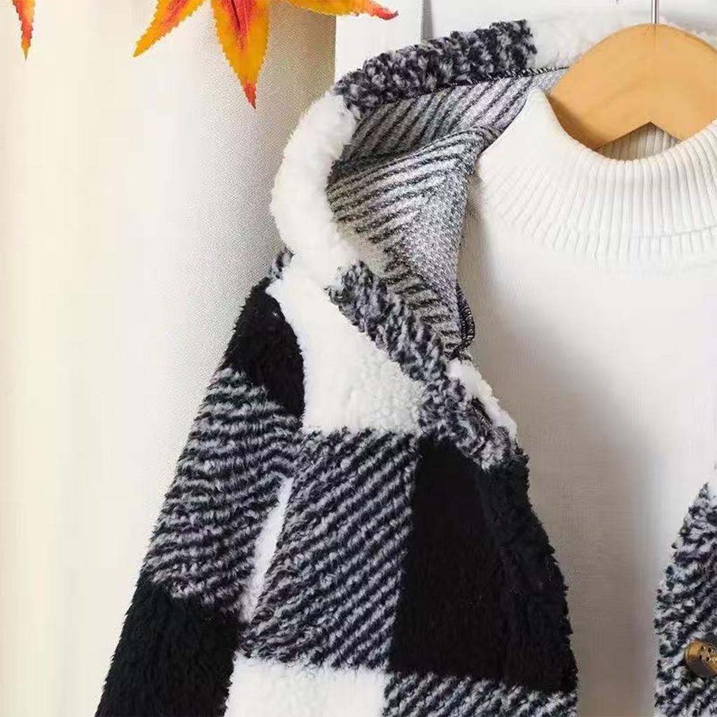 Children's Fashion Plaid Long Sleeved Hooded Plush Warm Jacket