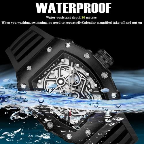 Pánské retro punkové hodinky Senstone s lebkou, tonneau, analogové, skeletonové, sportovní, s luminiscenčním gumovým řemínkem a silikonovým páskem, černé, ležérní.