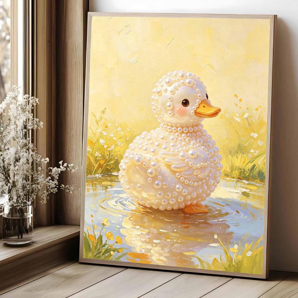 DIY 5D Pearl Bead Painting Kit with Frame Cute Pearl Duck Design Shiny Canvas Art for Bedroom Wall Decor and Special Gift Choice