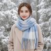 Long Tassels Plaid Fringe Scarf Blue White Knitted Woolen Wrap Blue Checkered Muffler Trendy Women