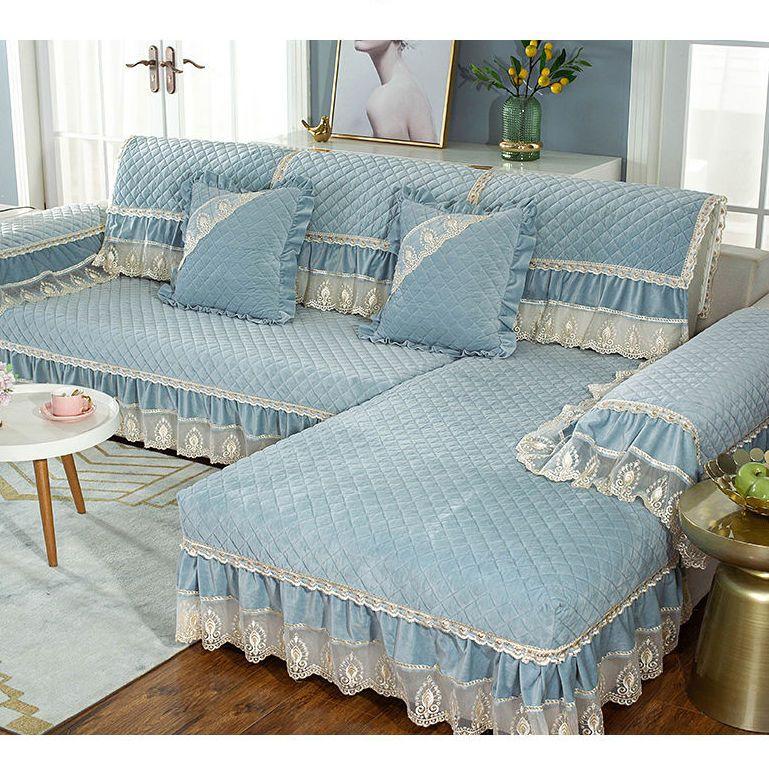 Luxury Solid Color Sofa Sets Cover Thick Sofa Slipcovers L Shaped Sofa Towel Lace Decor Couch Covers for Living Room