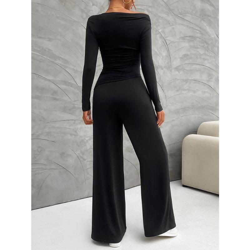 Autumn and Winter Women's Clothing Y2K Slim Long Sleeve Top Wide-leg Trousers Set