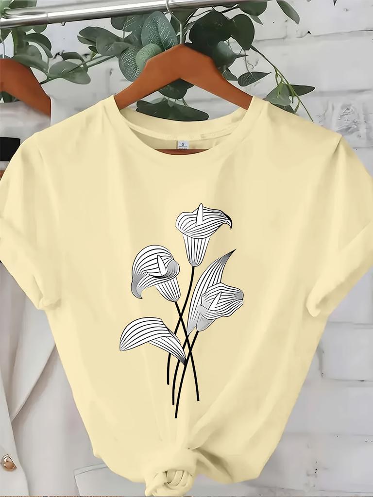 casual short sleeved T-shirt with artistic floral print in white and black minimalist design daily elegant style Fashionable