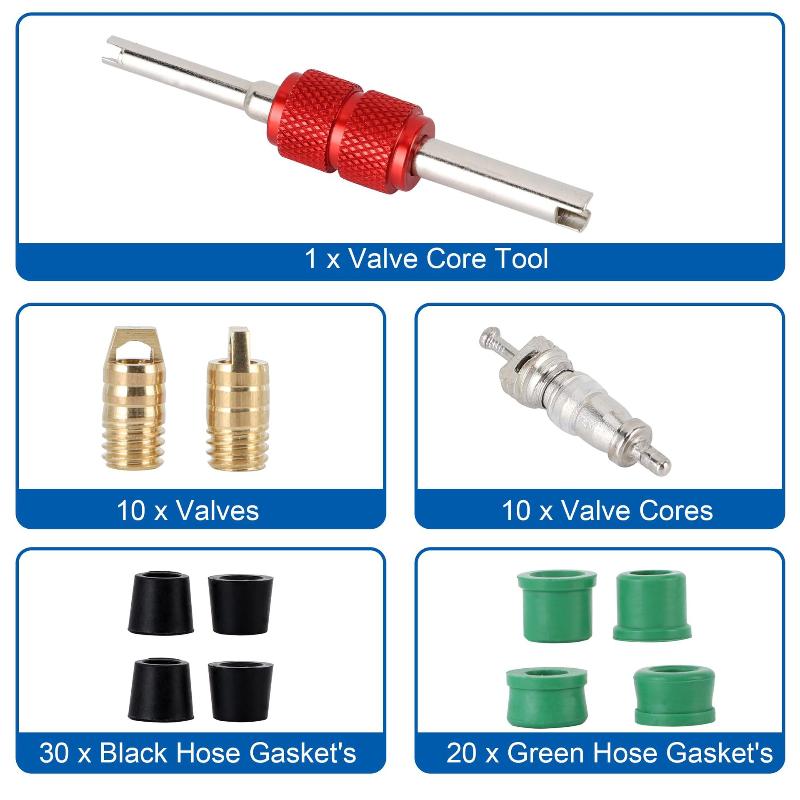 

71Pcs A/C Valve Air Condition Repair Kit Repair Tool 10Pcs Valve Cores 50Pcs Hose Gaskets 10Pc Valves Bore Valve Key Tools 71PCS