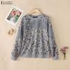 ZANZEA Women Round Neck Long Sleeve Lace Patchwork Floral Print Tee Tops
