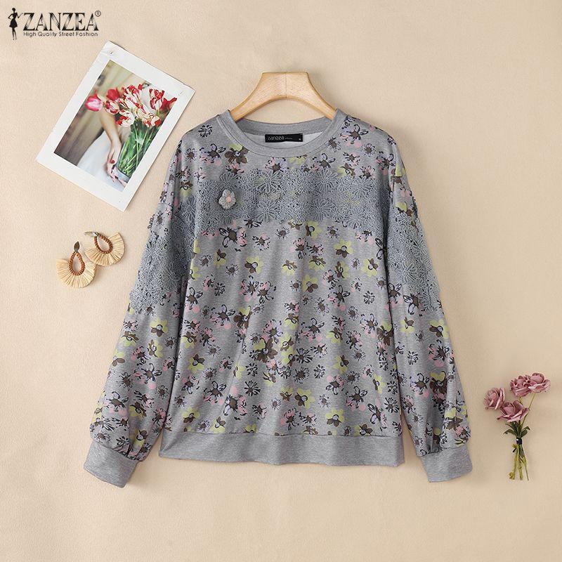 ZANZEA Women Round Neck Long Sleeve Lace Patchwork Floral Print Tee Tops