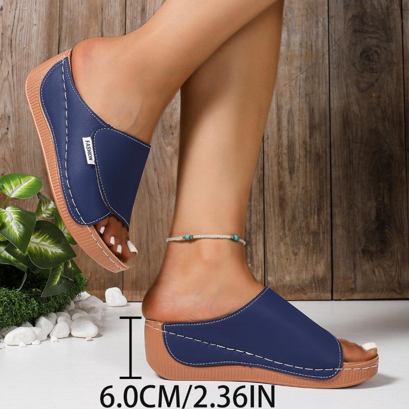 

Большой размер тапочки на танкетке повседневные женские туфли лето новые широкие полосы простые модные тапочки с открытым носком женские 43 темно-синий