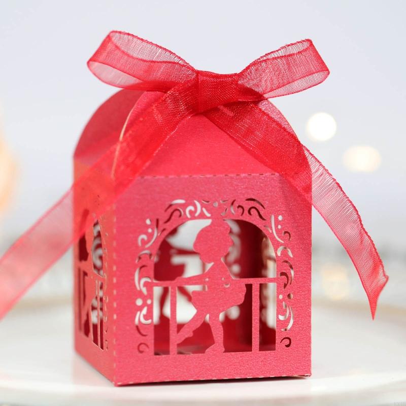 KX4B 100pcs Angel Dancing Pearl Paper Hollow Cut Favor Gift Candy Box Storage with Ribbon Decoration Baby Shower Wedding Party
