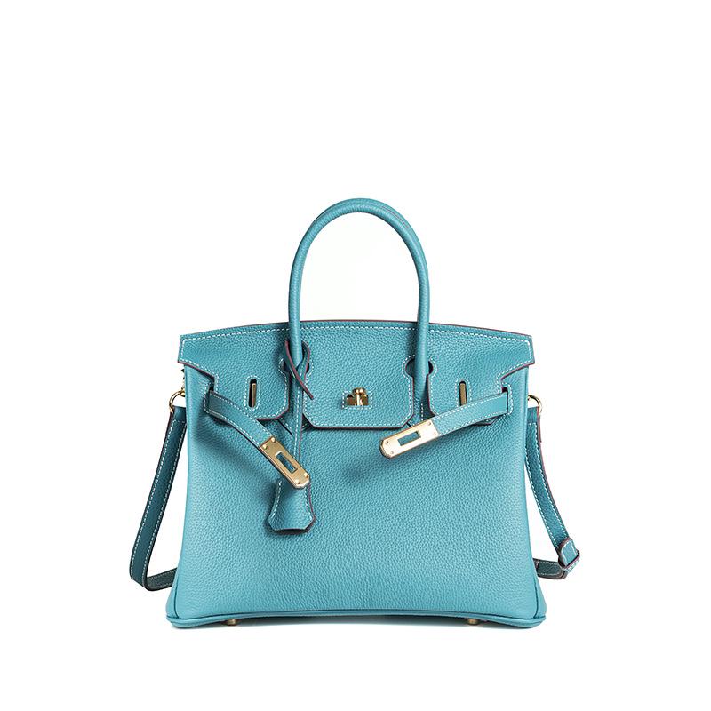 Wax Thread Lychee Grain Cowhide Leather Handbag with Lock Buckle - Women's Platinum Grade Purse