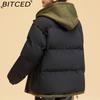 BITCED Pseudo-Two-Piece Cotton Coat Unisex Winter Fashion Contrast-Colour Hooded Sweatshirt Thickened Warm Cotton Jacket