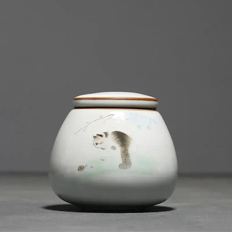 Chinese Ru Kiln Ceramics Tea Caddy Cute Cat Pattern Sealed Tea Leaf Container Travel Tea Bag Storage Box Kitchen Spice Organizer