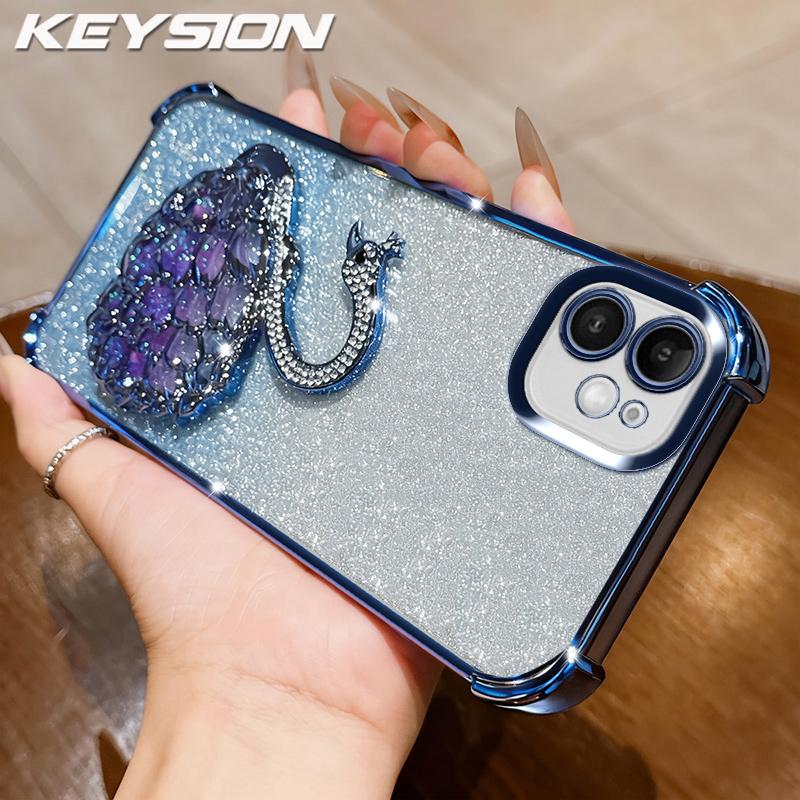 KEYSION Shockproof Plating Phone Case for iPhone 11 12 Pro Max Clear TPU Glitter Jewelled Swan kickstand Back Cover for iPhone 11