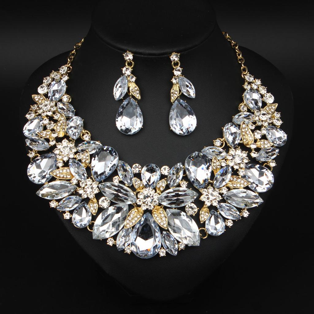 Exaggerated Crystal Flower Jewelry Set Bridal Necklace Earrings Wedding Party Dress Decoration Accessories