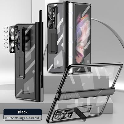 Ebesfous Magnetic Transparent Hinge Phone Case For Samsung Galaxy Z Fold3 Fold4 Tempered Glass With Stand Clear Plating Pc Cover