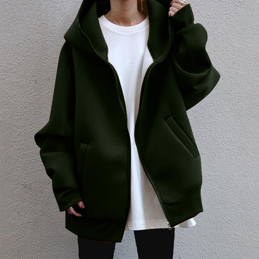 Spring and Autumn Four Seasons Women's Casual Loose Long Sleeve Zip-up Hoodie with Long Lining Coat
