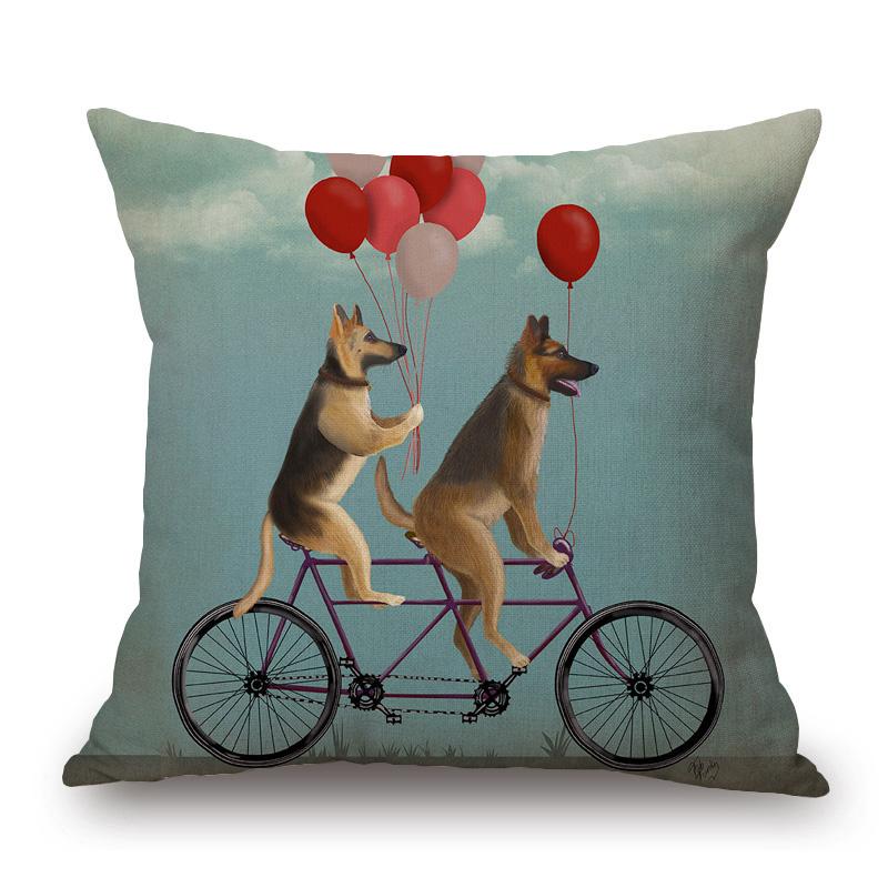 Dogs On Bicycle Art Cushion Cover Poodle Bulldog German Shepherd Golden Retriever Dachshunds Labrador Print Linen Pillow Case