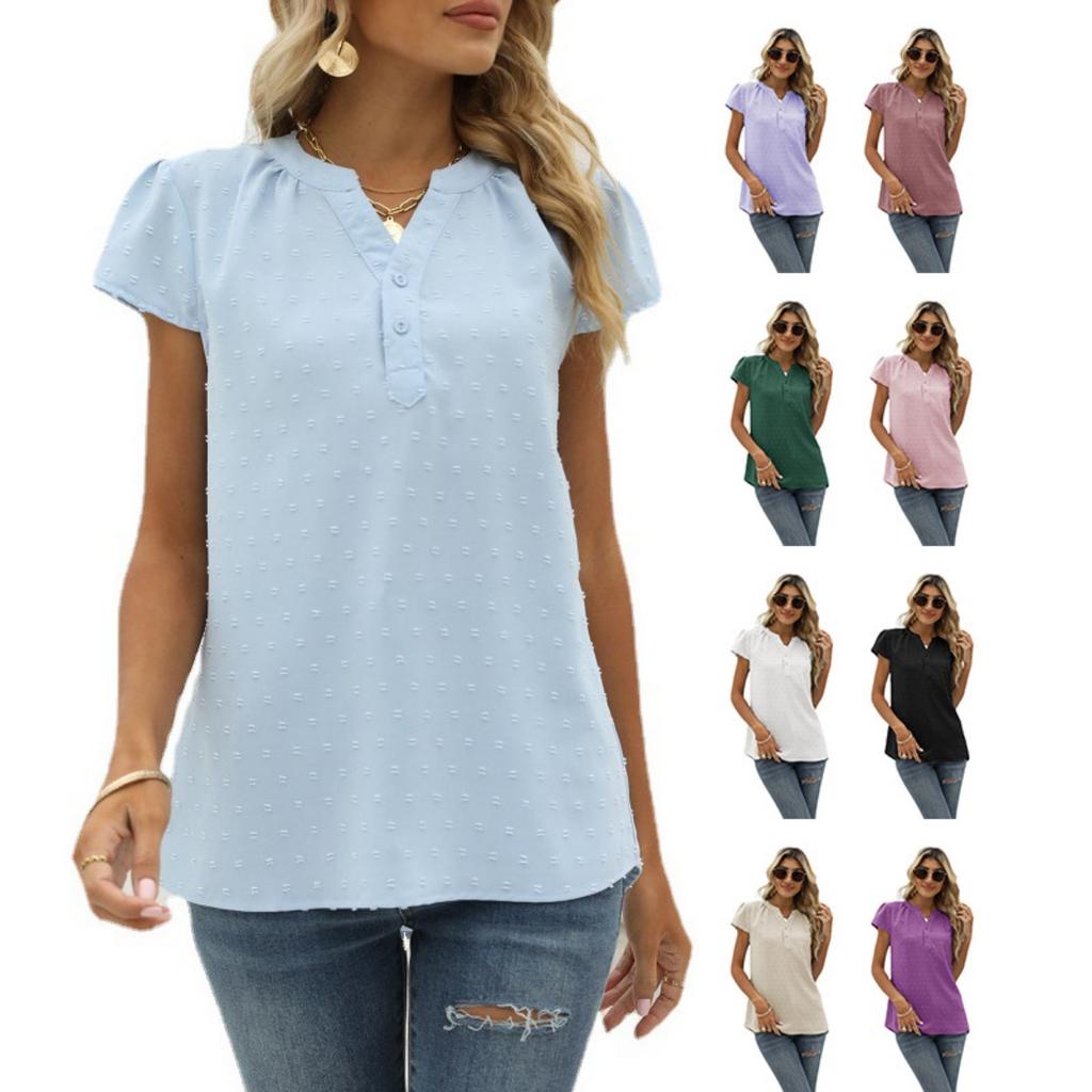 Summer Women's Solid Textured Chiffon Blouse, Loose V-Neck Pullover Short Sleeve Top, European & American Style Casual Top
