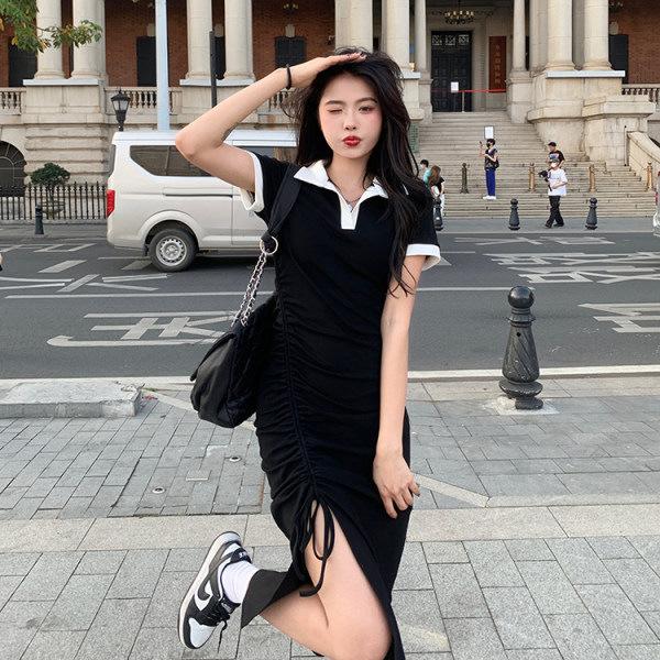 French polo collar split arm skirt women's new summer design sense niche medium and long dress