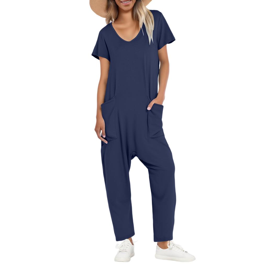 Women's Casual Short Sleeve High Waist Pockets V Neck Loose Jumpsuits Long Pants Wide Rompers