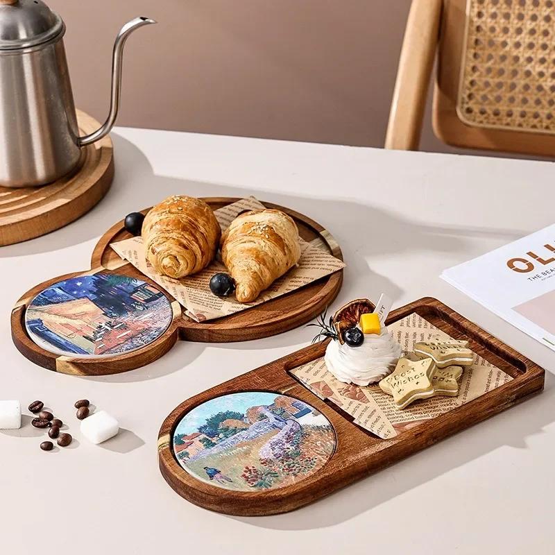 Bread Cutlery Wooden Tray Retro Pastry Dessert Afternoon Tea Snack  Tea Tray Suitable for Home Kitchen Decoration Accessories