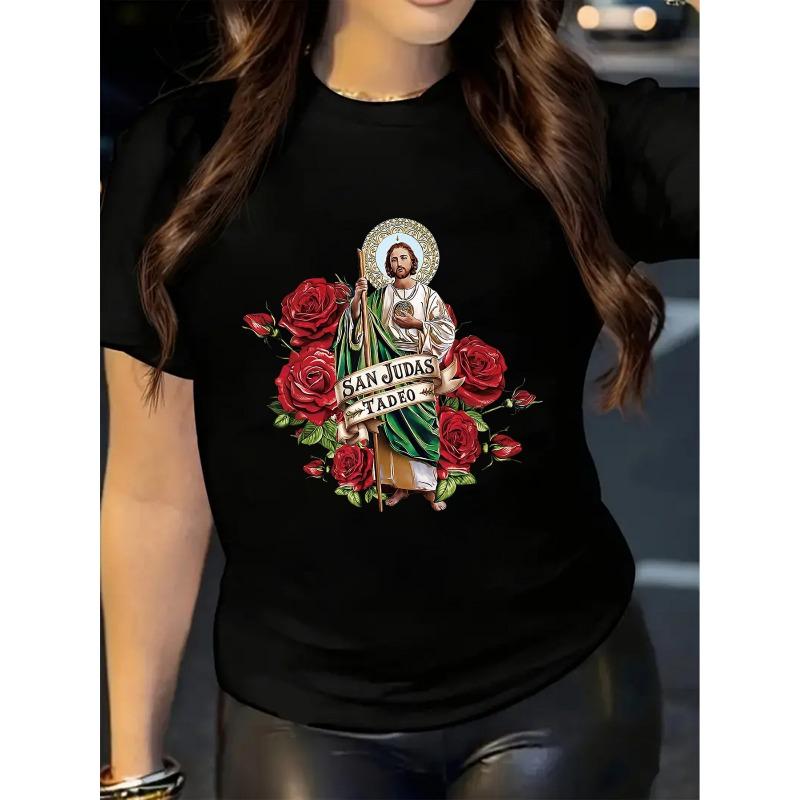 European Size Women'S Rose Graphic T-Shirt - Casual Round Neck, Short Sleeve, Spring Summer Fall Apparel | Round Neck Tshirt | Comfortable Fit