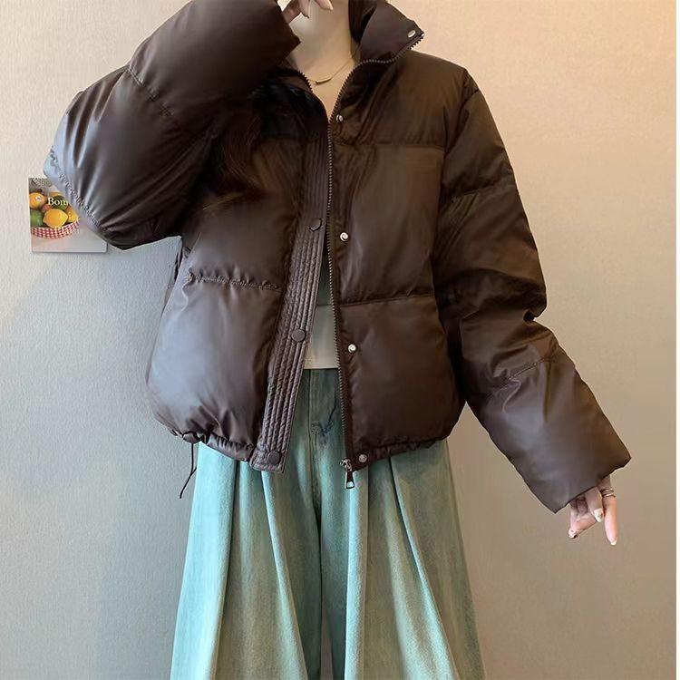 Tvättfri Läderolja Vinterkappa: Förtjockad, Varm, Koreansk stil, Ståkrage, Kort längd, Åldersreducerande, Lätt lyxig damjacka.