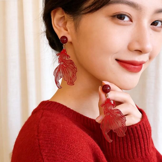 New Chinese Red Koi Ear Clips Without Ear Piercings, National Style, Festive And Exaggerated Earrings, Wedding Bride Earrings, Women