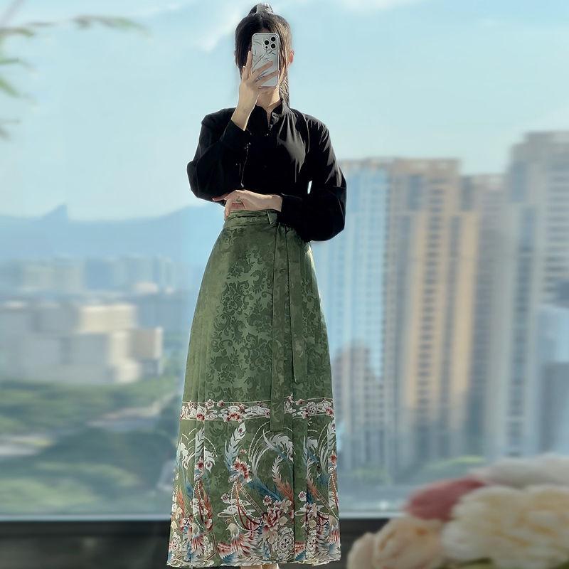 Chinese Ming Dynasty Style Hanfu Women's Stand Collar Daily Print horse-face  Skirt