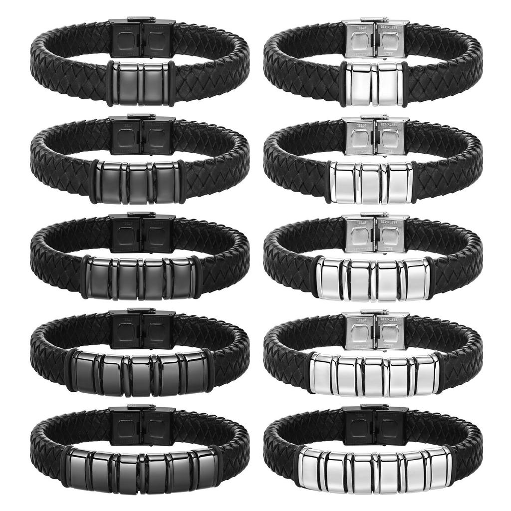 Custom Beaded Braided Bracelets For Men Leather Stainless Steel Black Silver Color Personalized Bangle Name Family Father Gift