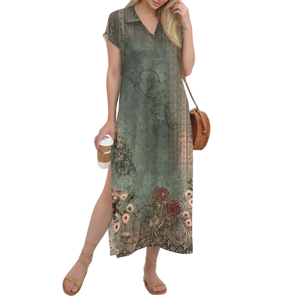 Women's Long Skirt Casual V-neck Long Shirt Dress Loose Slit Holiday Short Sleeve Dress