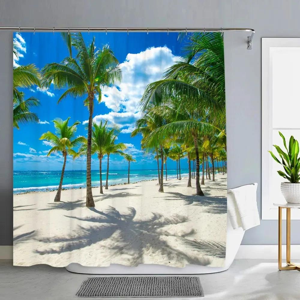 1PC Green Tropical Plants Shower Curtains for Bathroom Polyester Seaworld Shower Curtain Printing Curtain Beach Shower Curtains