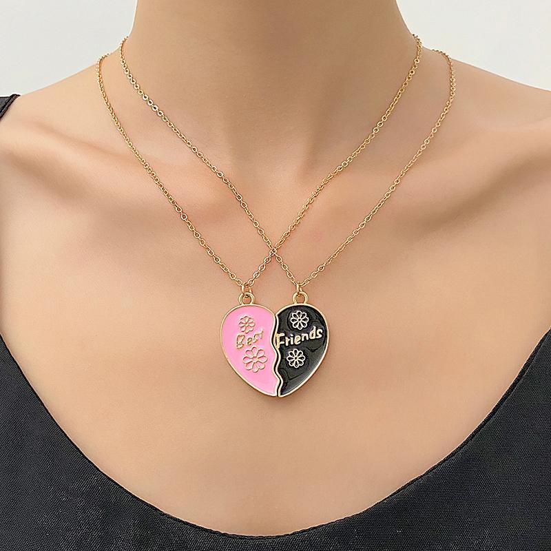 2Pcs Ins Style Heart Rainbow Stitching Necklace Fashion Pendant Alloy Clavicle Chain For Children Best Friend Jewelry Gifts