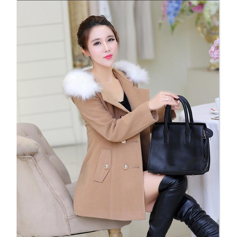 Autumn and Winter Woolen Women's Coat Medium and Long Fur Collar Coat
