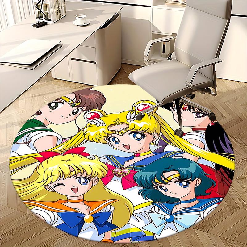 1pc Sailor Moon Anime Cartoon Design Round Carpet  Office Chair Mat, NonSlip Rug for Home Decor, Living Room, Bedroom