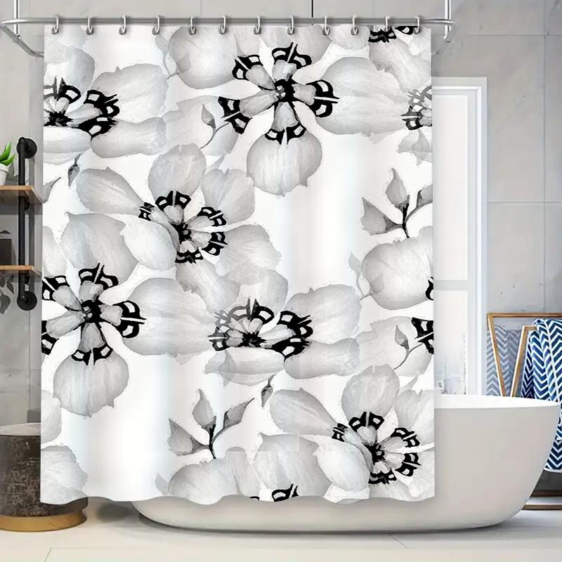 Modern White Flower Printed Shower Curtain Waterproof Fabric Bathroom Decor for Home Decoration