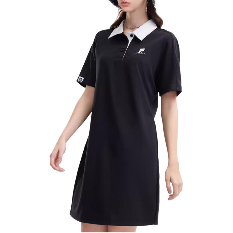 Fila Color Block Button Casual Polo Short Sleeve Dress Women Dresses Black T11W33330-1A