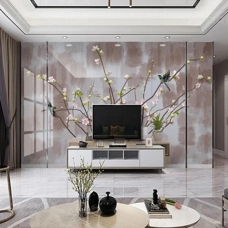 Photo Wallpaper Chinese Hand-painted Pink Flowers Murals Living Room TV Sofa Background Wall Painting 3D Decor Fresco