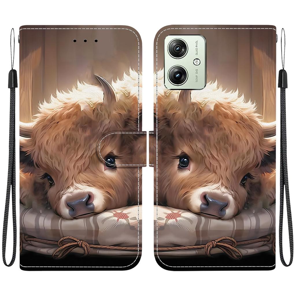 Handmade PU Leather Flip Case for Motorola Moto G54 Anti-Slip Shockproof Cover with Wrist Strap & Heart/Rose Cat Designs