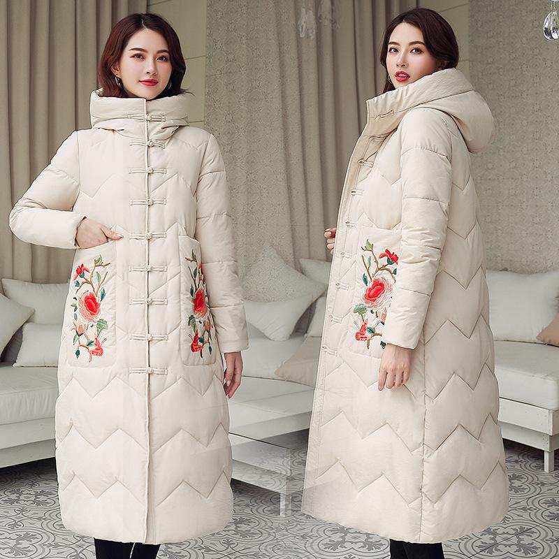 2025 plus-size long thickened Chinese style cotton jacket women's embroidered padded jacket winter over-the-knee buckle jacket