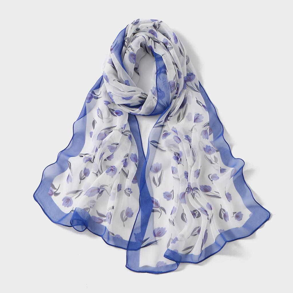 Woman Floral Printed Chiffon Silk Scarf Spring Summer Shawl Light Thin Scarves Sun Protection Wrap Ladies Beach Headband